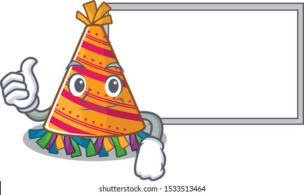 Thumbs up with board party hat character isolated in cartoon