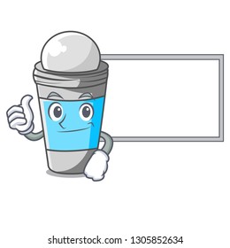 Thumbs up with board roll on deodorant above the mascot