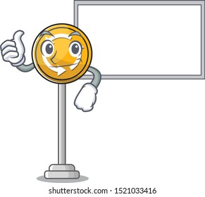 Thumbs up with board roundabout ahead on the roadside character