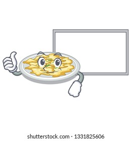 Thumbs up with board scrambled egg put above cartoon plate