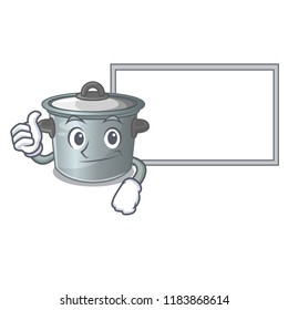 Thumbs up with board stock pot on wooden table cartoon