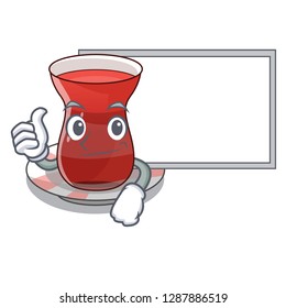 Thumbs up with board trukish tea in the cartoon form