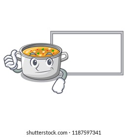 Thumbs up with board vegetable soup with pasta in pot cartoon