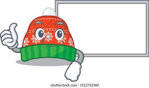 Thumbs up with board winter hat isolated character