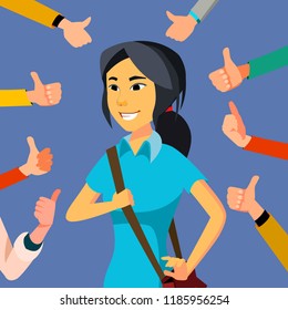 Thumbs Up Business Woman Vector. Public Approval. Asian Worker. Surrounded By Hands. Business Illustration
