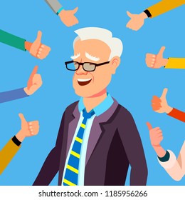 Thumbs Up Businessman Vector. Professional Office Worker. Public Respect. Show Approval Gesture. Business Illustration