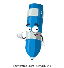 thumbs up cartoon blue ballpoint pen character mascot smiling on white background