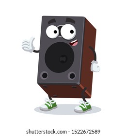 thumbs up cartoon brown wooden sound speaker character mascot smiling on white background