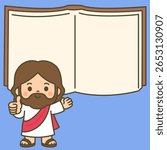 Thumbs Up Cartoon Jesus with Open Blank Book Background Vector Illustration for use as children book, sunday school, poster