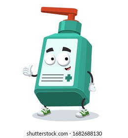 thumbs up cartoon medical hand antiseptic bottle character mascot smiling on white background