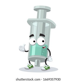 thumbs up cartoon plastic medical syringe character mascot smiling on white background