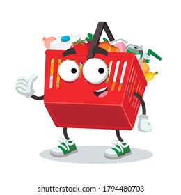 thumbs up cartoon Red Shopping basket with grocery products character mascot smiling on white background