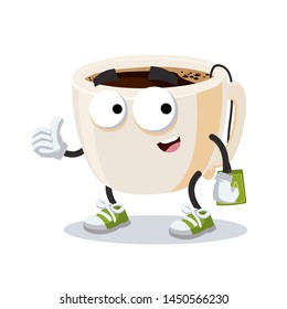 thumbs up cartoon tea cup with tea bag character mascot smiling on white background
