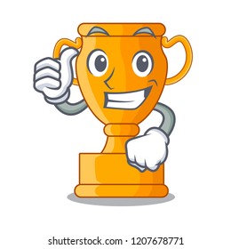 Thumbs up cartoon trophy cup with star on cyan