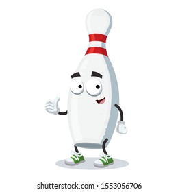 thumbs up cartoon white wooden bowling pin character mascot smiling on white background