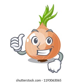 Thumbs up character fresh vegetable onion in the market