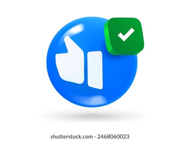 Thumbs up with checkmark icon. 3d vector object isolated on white background