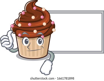 Thumbs up of chocolate cupcake cartoon design having a board