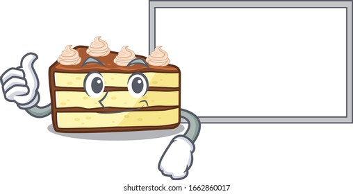 Thumbs up of chocolate slice cake cartoon design having a board