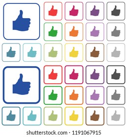 Thumbs up color flat icons in rounded square frames. Thin and thick versions included.