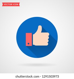 Thumbs up colored flat icon. Hand showing Like sign. Modern circle symbol with long shadow for social media or apps. Vector illustration.