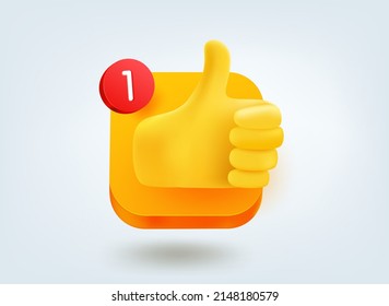 Thumbs up concept. 3d vector mobile application icon with notification