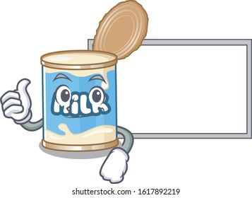 Thumbs up of condensed milk cartoon design with board