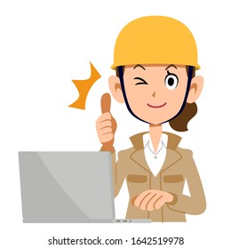 Thumbs up construction woman operating computer with beige clothes