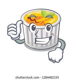 Thumbs up creme brule in white cartoon bowl