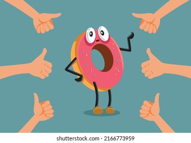 
Thumbs Up for Delicious Happy Doughnut Mascot Vector Cartoon Illustration. Customer appreciating with positive feedback a bakery business
