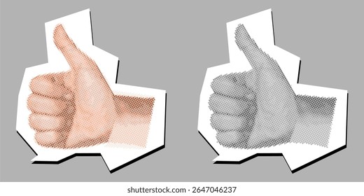 Thumbs up dotted collage pointilize in torn paper for approval, agreement, or positive review. Ideal for feedback graphics, rating icons, or encouragement message design.