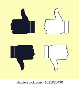 Daumen auf oder ab, schwarze Symbol auf weißem Hintergrund. Vektorgrafik. Hand mit Daumen, flaches und lineares Zeichen.