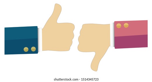 Thumbs up and thumbs down with business suite. Like and dislike icons. Do and Don't symbols. Design Elements ad, marketing, ui, app