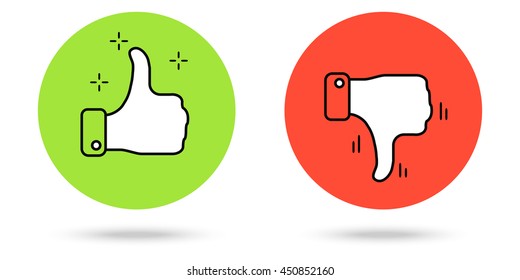 Thumbs up and down buttons. Vector simple red and green color icons.