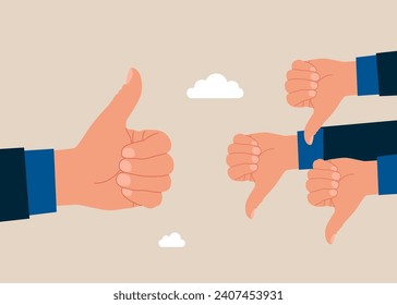Thumbs up and thumbs down. Contradictions in decision making, pros and cons of strategy to achieve target. Team disagree the opinion. Flat vector illustration