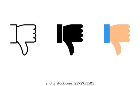Thumbs down dislike, hate or thumbs down dislike for social networks line art vector icon set, vector illustration on white background