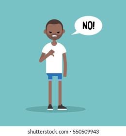 Thumbs down. Displeased black man says "No" / editable flat vector illustration