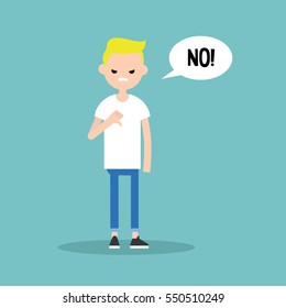 Thumbs down. Displeased blond teenage boy says "No" / editable flat vector illustration