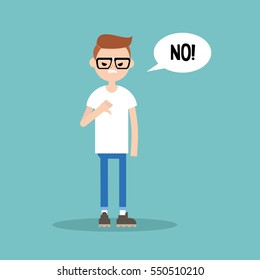 Thumbs down. Displeased nerd boy says "No"/ editable flat vector illustration