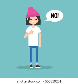 Thumbs down. Displeased teenage girl says "No" / editable flat vector illustration