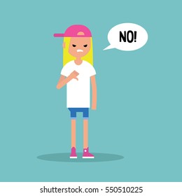 Thumbs down. Displeased teenage girl says "No" / editable flat vector illustration