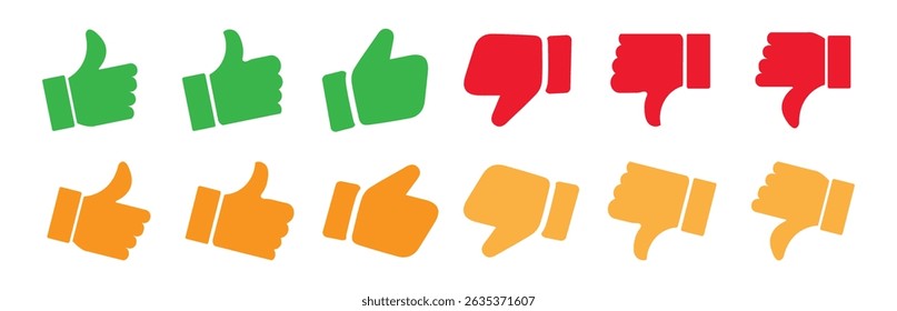  Polegar para cima e polegar para baixo emblemas. Ícone de curtir e não gostar Escala de avaliação e feedback com símbolo de polegar em contorno de cor verde, amarelo e vermelho. Excelente, bom, médio, ruim, má classificação ícone polegar definido.