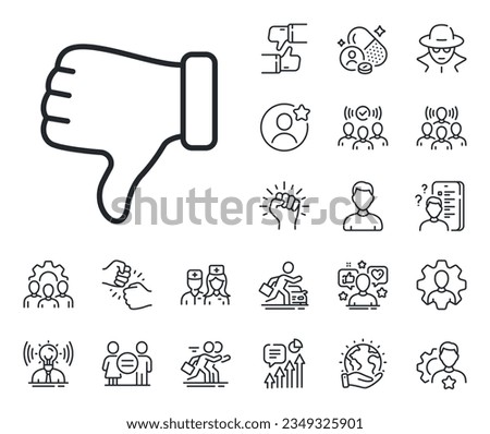 Thumbs down finger sign. Specialist, doctor and job competition outline icons. Dislike hand line icon. Gesture symbol. Dislike hand line sign. Avatar placeholder, spy headshot icon. Vector