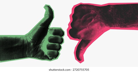 Pulgares hacia arriba y pulgares hacia abajo iconos de mano plana con textura de semitono. Como, conjunto de símbolos de disgusto, gestos de Aprobación y rechazo. Ilustración vectorial aislada para el Web, UI del App, medios sociales, diseño del Comentarios