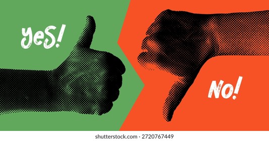 Pulgares hacia arriba y pulgares hacia abajo iconos de mano plana con efecto de textura de semitono. Me gustan y no me gustan los símbolos de gestos de mano establecidos. Vector aislado sobre fondo blanco para UI, calificación, Comentarios y diseño de redes sociales.