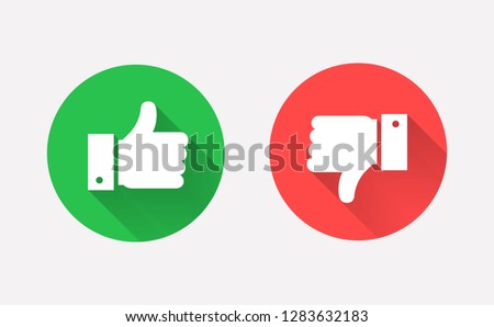 Thumbs up and down flat icons. Hands showing Like and Dislike signs. Modern circle symbols with long shadows for social media or apps. Vector illustration.