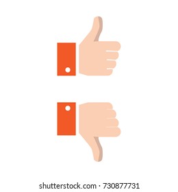 Thumbs up and thumbs down flat icons isolated on a white background. Vector illustration.