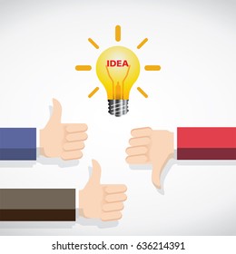 Thumbs up and thumbs down flat illustration. Good choice and poor choice. Flat design concept. Use for business, marketing, creative, web design and graphics. Vector, Background.