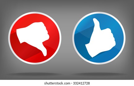 Thumbs up and down in flat style. Vector isolated set