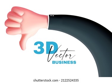 Thumbs down hand. 3D render. Cartoon sign on white background.